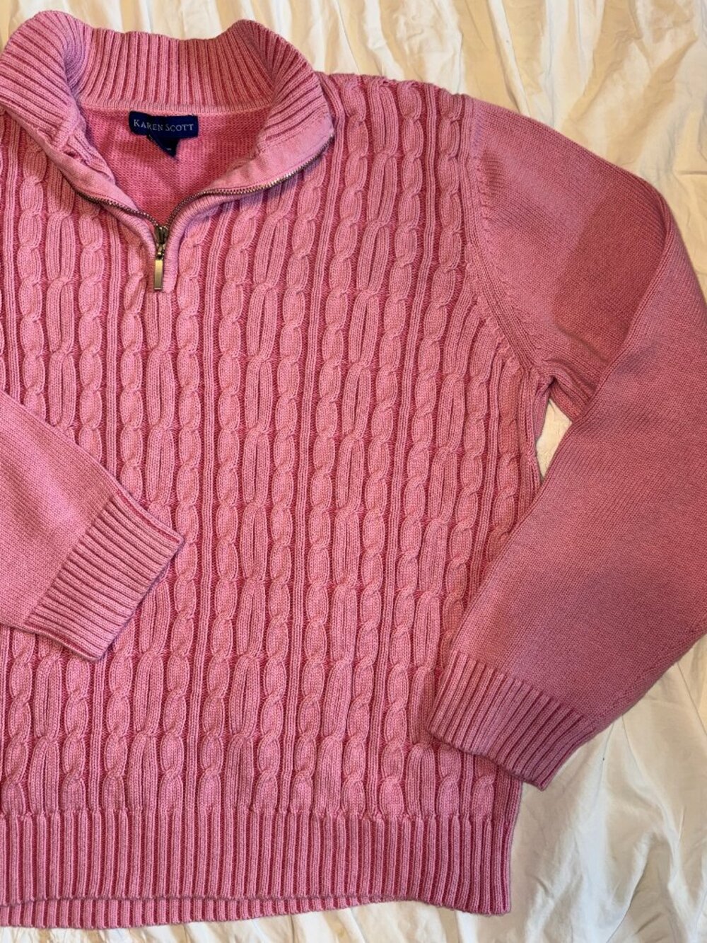 Karen Scott Pink Cable Knit Quarter Zip Sweater